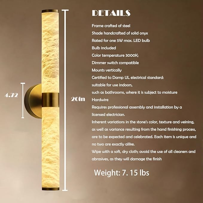 Alabaster Wall Sconce, 20.6" Gold Wall Sconce, Brass Alabaster Single Sconces, Gold Modern Bathroom Sconces, Indoor Wall Lighting for Living Room, Bedroom, Hallway, Staircase