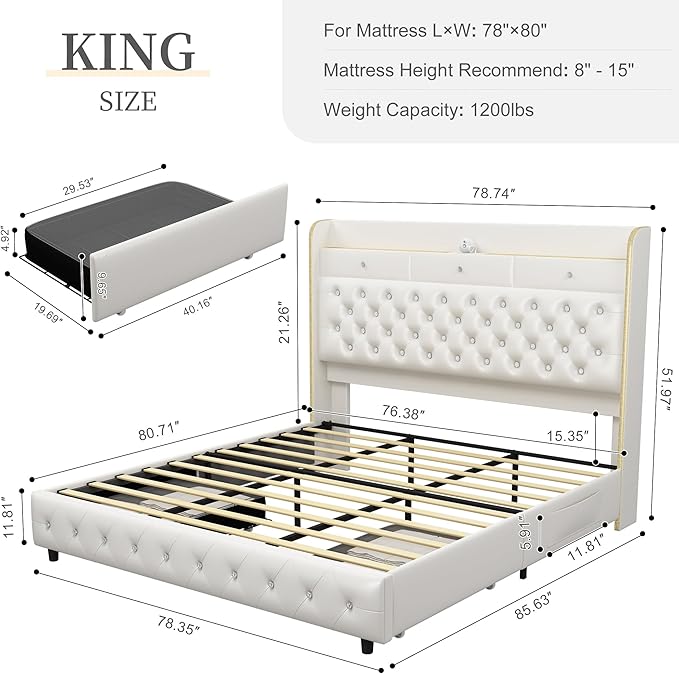 King Led Bed Frame with Galaxy Aurora Star Projector, King Size Platform Bed with 2 Storage Drawers, 52" Diamond Upholstered Headboard with Charging Station, Noise Free, No Box Spring Needed, PU White