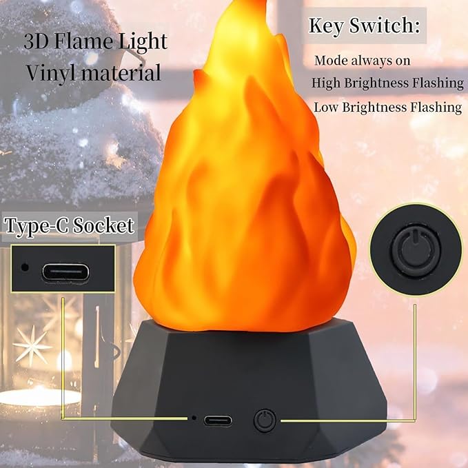 Flame Night Lamp, Rechargeable Campfire Light, 3 Mode Lamp with Flickering Glow Effect, Decorative with Sturdy Compact Design, Night Light, Soft Lighting for Children Nursery Bedroom Party Holiday