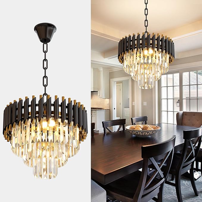 Black Crystal Chandelier, 16 Inch Modern 3-Tier Round Ceiling Light, K9 Luxury Pendant Lighting for Living Room Dining Room Entryway