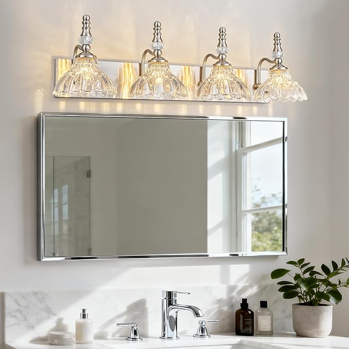 Vintage Bathroom Vanity Light, 4-Light Brushed Nickel Vanity Lighting Fixture with Flower Glass Shade, Bathroom Lighting Fixtures Over Mirror