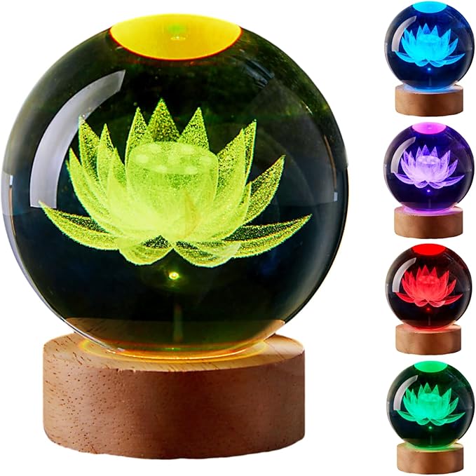 Large Lotus Crystal Ball Night Light with Woodern Base, 3D Lotus Crystal Lamp 16 Color Changing with Remote Control, Laser Engraved Glass Flower Ball Lamp, Room Decor (Love)