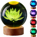 Large Lotus Crystal Ball Night Light with Woodern Base, 3D Lotus Crystal Lamp 16 Color Changing with Remote Control, Laser Engraved Glass Flower Ball Lamp, Room Decor (Love)