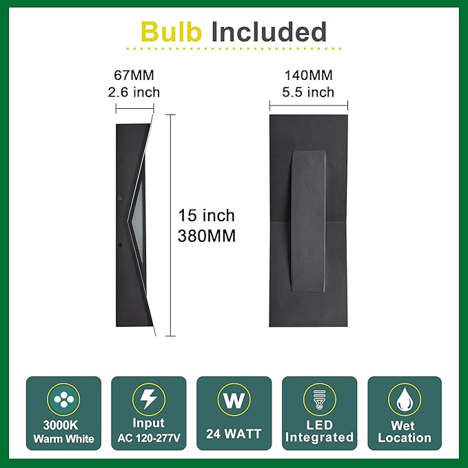 2 Pack LED Outdoor Wall Lights Dimmable, 3000K, 15" Modern Black Outdoor Wall Sconce, ADA Compliant, IP65 Waterproof, Boat Design Exterior Wall Light for Entrance, Hallway, Garage, Porch