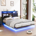 VINGLI Queen Size Floating Bed Frame with LED Lights and Charging Station, Cozy Hidden Storage Velvet Upholstered Bookcase Headboard,No Box Spring Needed,Easy Assembly,Black