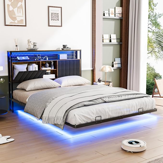 VINGLI Queen Size Floating Bed Frame with LED Lights and Charging Station, Cozy Hidden Storage Velvet Upholstered Bookcase Headboard,No Box Spring Needed,Easy Assembly,Black