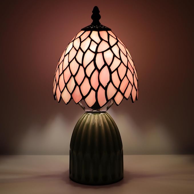 Tiffany Lamp Stained Glass Mushroom Table Lamps 6X6X12.5 Inch Pink Leaf Style Small Night Light Ceramic Base Mini Accent Desk Light Suitable for Bedside Table Bedroom Children Room