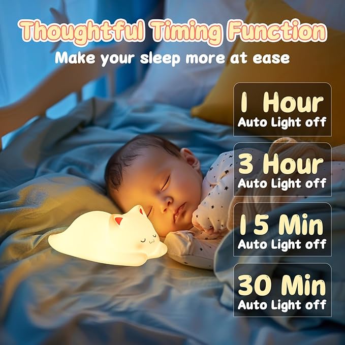 LOVERUIS Cute Night Light for Kids Cat Night-Light Baby Girl Squishy NightLight 1/3 Hour Timer Kitty Light Dimmable Nursery Lamp Colorful Nightlight Gift for Kid Toddler Kawaii Bedroom (CAT)