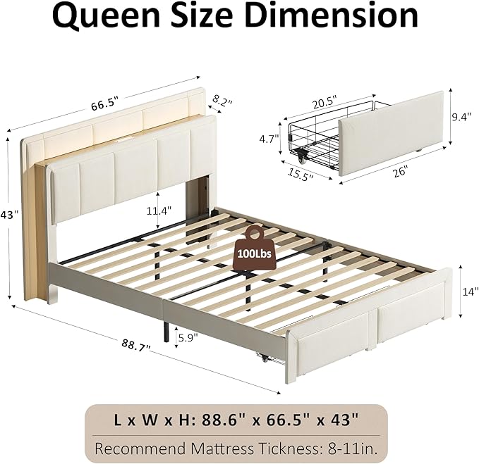 Queen Storage Bed Frame, Upholstered Platform Bed with 2 Drawers, Velvet Vertical Tufted Headboard with LED Lights & Charging Station, Wooden Slats Support, No Box Spring Needed, White