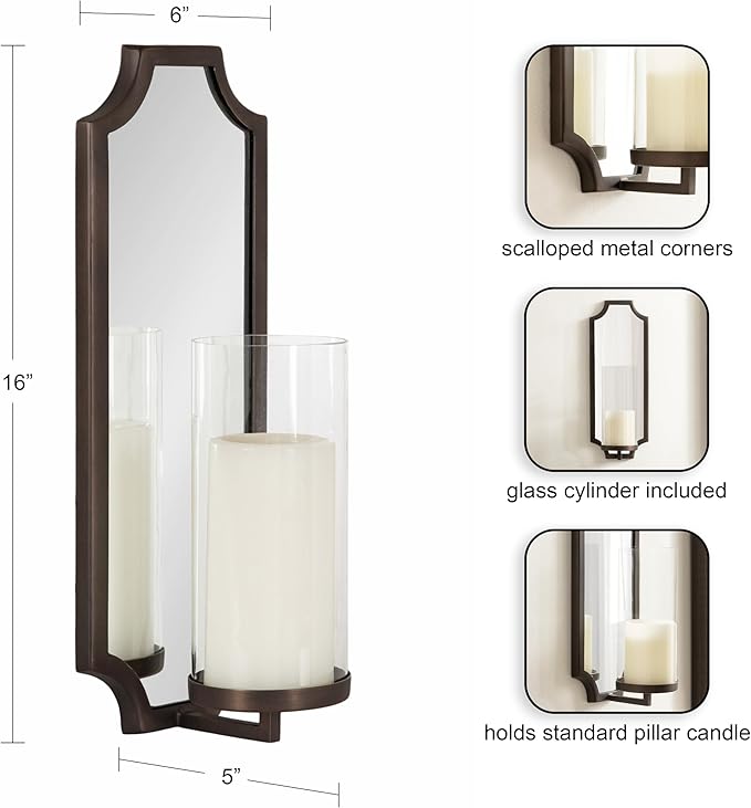 Kate and Laurel Ciel Glam Mirrored Wall Sconce, 6 x 5 x 16, Bronze, Modern Scalloped Candle Holder with Removable Glass Cylinder and Mirror for Bathroom or Bedroom Wall Decor
