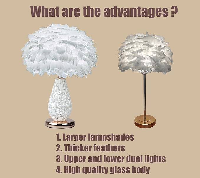 Feather Table Lamp with Cracked Ice Glass Bottle & Gold Base, 2 Separate Lights with Independent On/Off Control, 3-Color Mode Bedside Office Lamp (White)