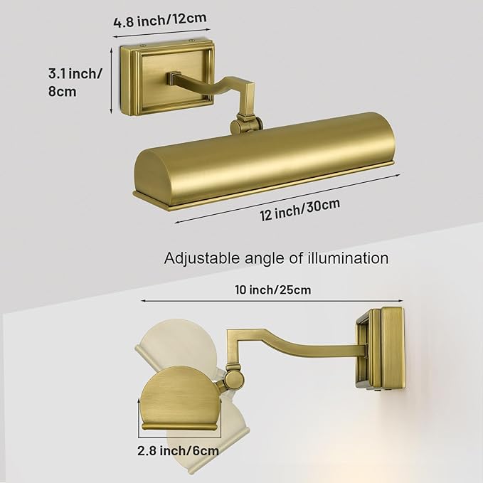 Picture Light, 12inch Brass Picture Lights for Wall,Hardwired Brushed Gold Art Picture Lights, Dimmable 2-Light Picture Rotatable Frame Light Wall Sconce for Painting, Artwork, Gallery