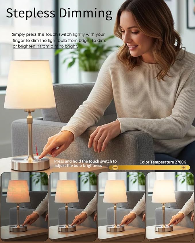 Cordless Table Lamp Rechargeable Touch Silver Mini Small Lamp Adjustable Height 5200mAh Battery Operated with Stepless Dimming Function for Bedroom Nightstand Bathroom Kitchen Counter Home Decoration