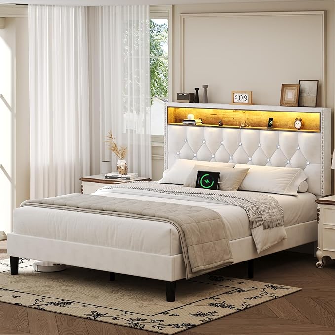 HOMBCK Full Size Bed Frame with LED Lights, Velvet Upholstered Bed Frame Full with Charging Station and Storage Headboard, Modern Diamond and Rivet Design, No Box Spring Needed, Easy Assembly, Beige