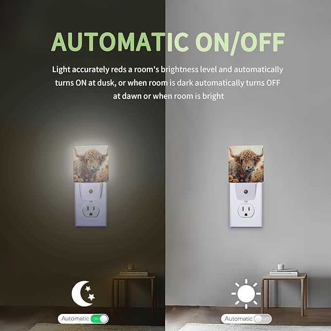 Highland Cow Night Light, Flower Night Light Plug into Wall with Dusk to Dawn Sensor, LED Lamp Energy Saving Lights for Men Women Boys Girls,Lamp for Bedroom Bathroom Hallway