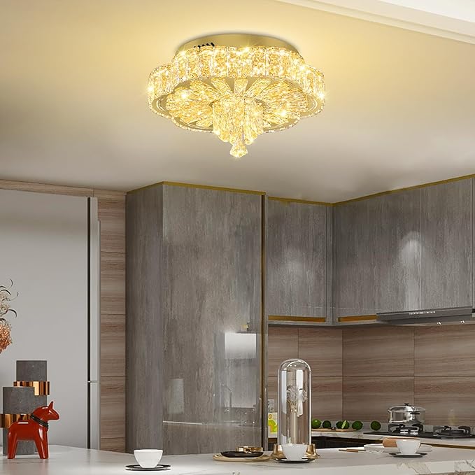 Modern Empire Crystal Chandelier Gold 16inches Crystal Raindrop Ceiling Light for Living Room Bedroom LED Infinity Dimmable 3000-6000K