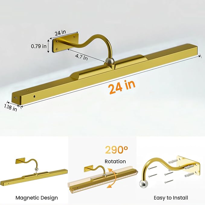 3 Pack Gallery Picture Frame Lights - 24Inch Gold Battery Wireless Wall Mounted Lighting for Large Art, Posters, Canvas & Gallery Walls