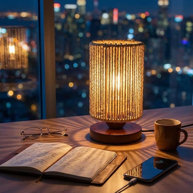 Small Rattan Table Lamp for Bedroom, Boho Bedside Lamp with Warm LED Bulb, Handwoven Wicker Nightstand Lamp for Nursery, Entryway & Dorm, Mini Ambient Night Light with Wood Base (8.6" Tall)