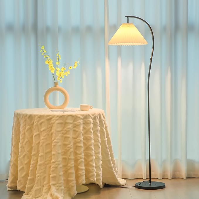 Modern Black Arc LED Floor Lamps, Bright 12W Three-Color Dimming, 14 Inch Pleated Lampshade, Living Room Corner Bedroom Bedside Office Standing Reading Lamp, Farmhouse Decoration, Warm Mood Lighting