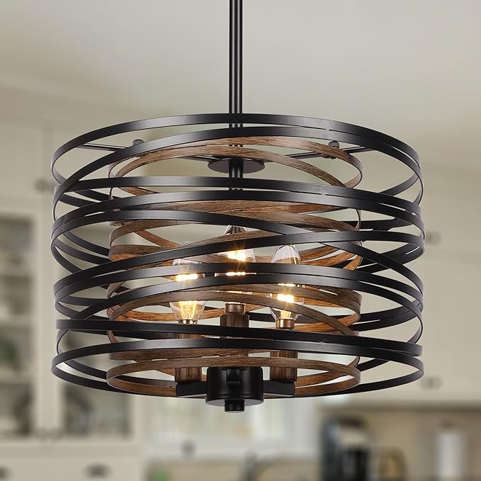 3-Light Dining Room Chandelier，12.6" Rustic Black Drum Chandeliers，Wood Grain and Vintage Light Fixture for Kitchen Entryway Living Room