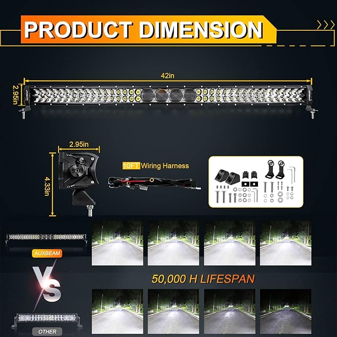 Auxbeam 42 Inch LED Light Bar 360W 44000LM 5D Pro Lens Off Road Driving Light, Flood Combo Fog LED Work Light with 10FT Wiring Harness Kit
