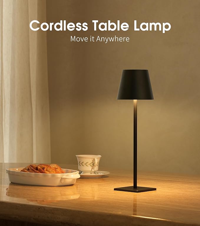 UME Cordless Table Lamp, Battery Operated Lamp - Portable Waterproof Rechargeable Table Lamp w/ 3 Color Temps & Stepless Dimming for Dinner, Desk, Cafe, Outdoor (Black)