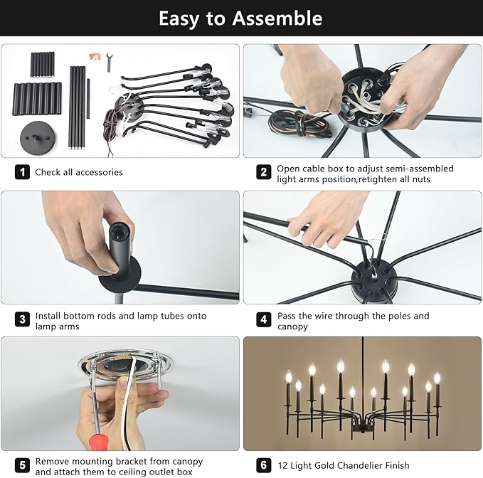 Modern Farmhouse Black Chandeliers for Dining Room Light Fixture, 12-Light Metal Candle Chandelier Lighting for Living Room Foyer Entryway Staircase Bedroom