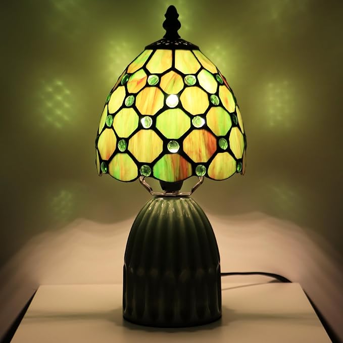 Tiffany Lamp Stained Glass Mushroom Table Lamps 6X6X12.5 Inch Brownish Green Pearl Style Small Night Light Ceramic Base Mini Accent Desk Light Suitable for Bedside Table Bedroom Children Room