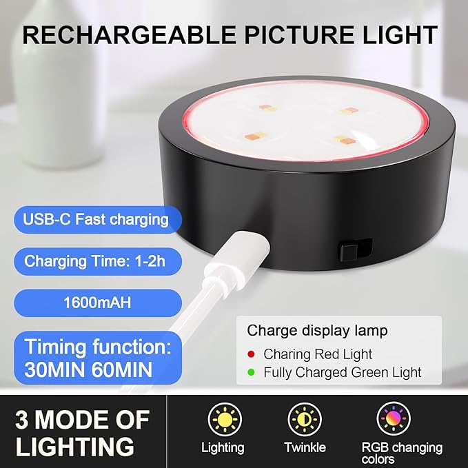 3 Pack Picture Lights for Wall, 13 RGB Color Rechargeable Battery Operated wall lights, Picture Frame lights with 3 Lighting Modes, Wireless Magnetic Painting Light with Remote Control Timer, (Black)