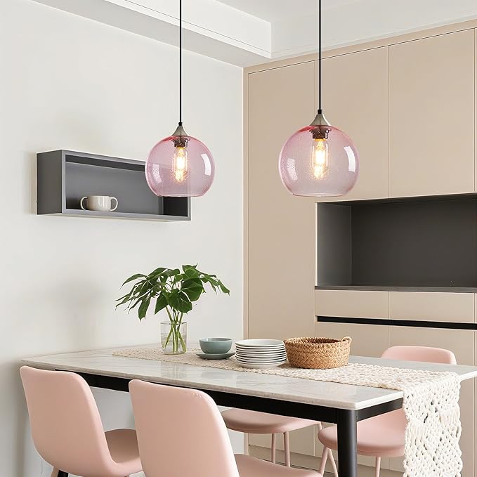 Pink Glass Pendant Lights Kitchen Island Lighting Globe Pendant Light Fixtures Modern Pendant Lighting for Bedroom Living Dining Room Light Fixture (7.87 in, 3 Pack)