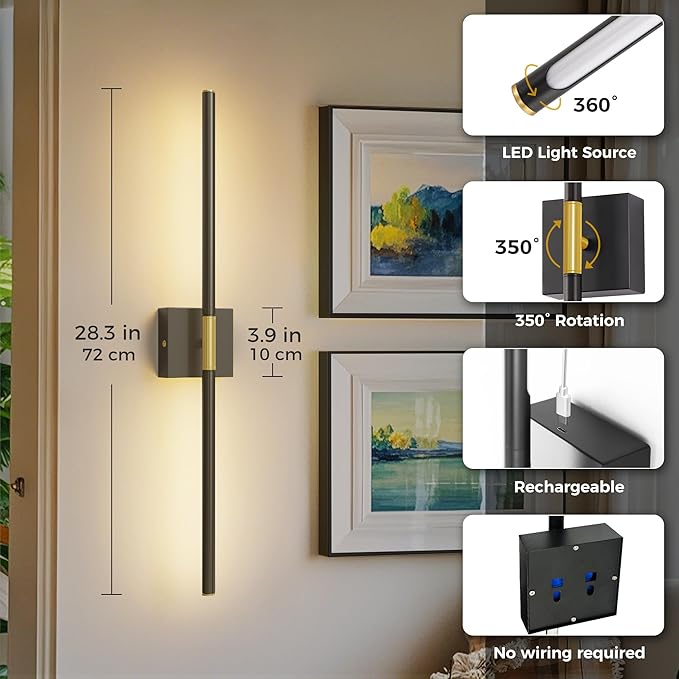 L LOHAS LED Battery Operated Wall Sconces Set of 2, Battery Wall Sconce 10000mAh, Gold and Black Rechargeable Sconces 3CCT + RGB, 28.7 Inch Wall Lights, Sconce Wall Decor for Bedroom, Living Room