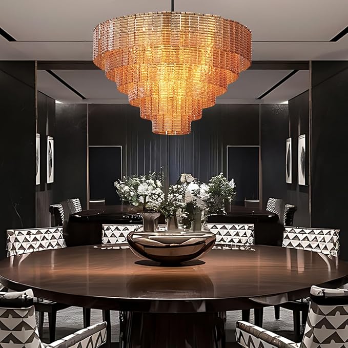 41" Extra Large Chandelier, 18-Light Amber Glass Chandelier for Dining Room & Living Room, Tiered Black Round Pendant Light Hanging Light Fixture for Foyer, Entryway, Kitchen and Staircase