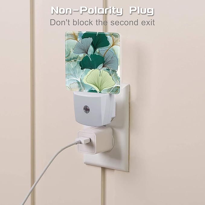 Green Gold Ginkgo Leaves Night Light for Kids,Abstract Botanical Leaves Night Light Plug in with Dusk to Dawn Sensor,0.5w Energy Saving Nightlight for Hallway Stairway Kitchen Bedroom