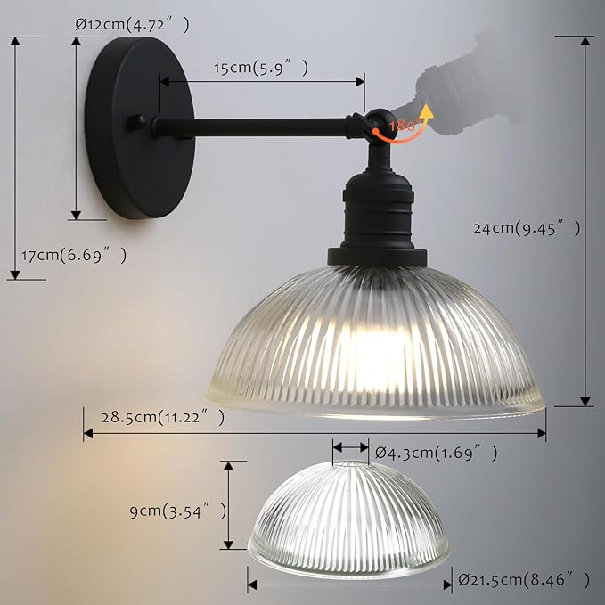 Pathson Battery Operated Wireless Wall Sconce, Rechargeable Modern Wall Vanity Light, Striped Glass Bowl Lampshade, Remote Dimmable Wall Lighting Indoor Led Wall Lamp Fixture for Bedroom Living Room