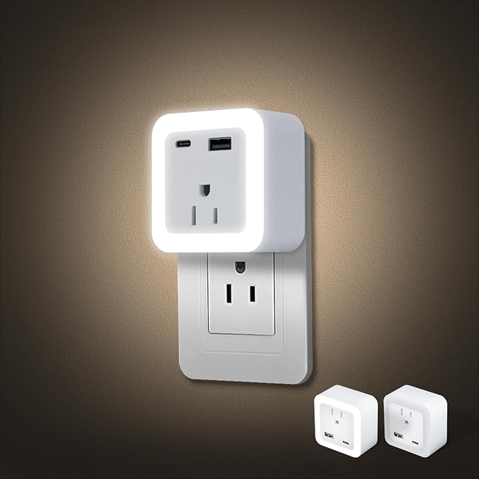 JackonLux Night Lights Plug Into Wall 2 Pack Rechargeable Battery Backup Light Dusk to Dawn Sensor Night Light with Outlet Expander for Adults Kids Bedroom, Kitchen, and Bathroom (Daylight - 5000K)