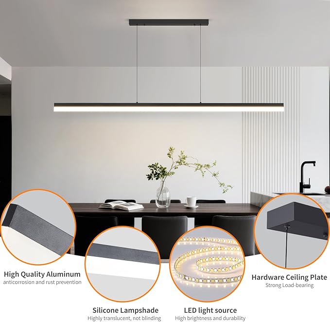 Modern Linear Pendant Light, 47IN Modern Chandelier with Remote Control 3000k-6500K Adjustable Color Temperature，Aluminum Island Lighting Lamp for Dining Room, Living Room