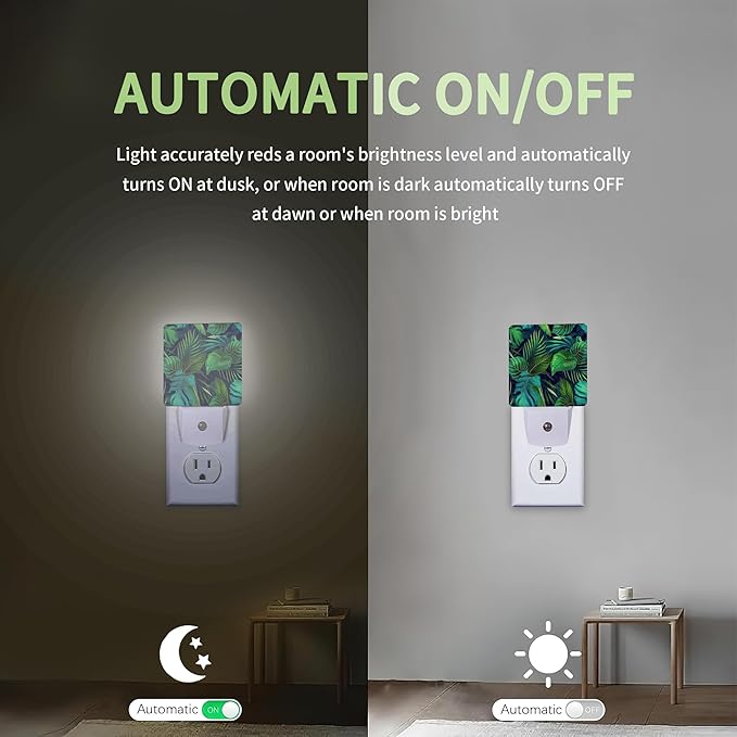 Green Palm Leaf Night Light, Tropical Plants Night Light Plug into Wall with Dusk to Dawn Sensor, LED Lamp Energy Saving Lights for Men Women Boys Girls,Lamp for Bedroom Bathroom Hallway