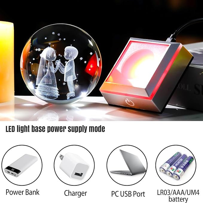3D Crystal Ball Engraved Wedding Couples with LED Light Base 3.15'' - Gifts for Bride and Groom, Friend, Sister - Married Anniversary Presents for Partner Sweet Newlyweds Home Decor