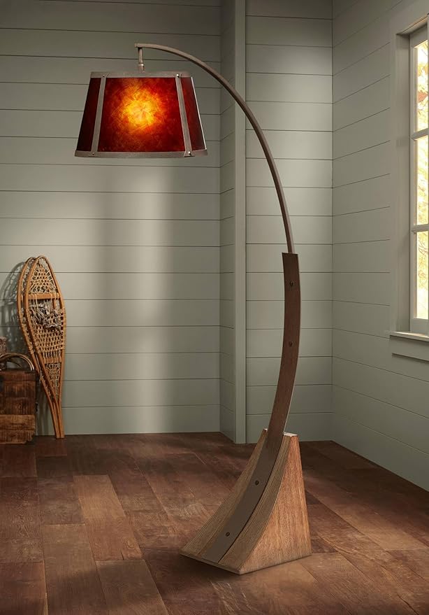 Franklin Iron Works Oak River Mission Style Arc Floor Lamp with USB Charging Port 66 1/2" Tall Dark Rust Natural Wood Base Amber Mica Drum Shade Decor for Living Room Reading House Bedroom Home