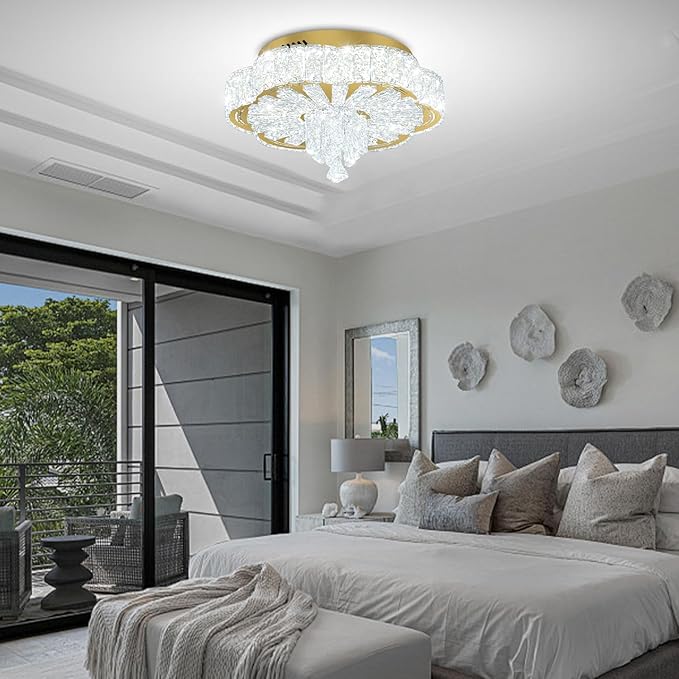 Modern Empire Crystal Chandelier Gold 16inches Crystal Raindrop Ceiling Light for Living Room Bedroom LED Infinity Dimmable 3000-6000K