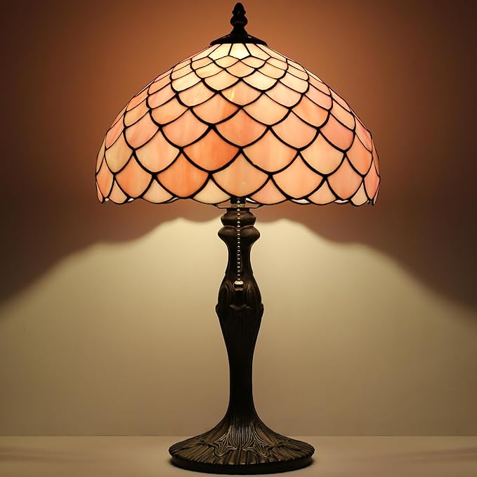 Tiffany Lamp Stained Glass Table Lamp 12” x 19” Pink Fish Scales Style Decorative Lamp Bedside Reading Lamp for Desk Living Room Bedroom Office Study Light Home Decor Gift