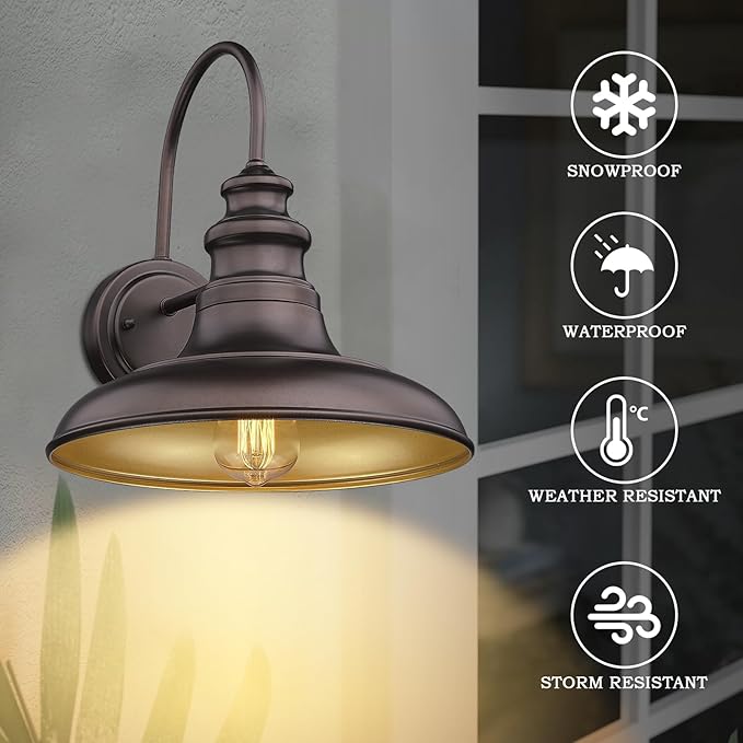 Outdoor Barn Light Fixture Farmhouse Wall Mount Light Wall Sconce Exterior Wall Lighting Fixture Industrial Bronze Finish Lantern for Porch with Gold Interior, 4Pack, RZ004-4PACK ORB