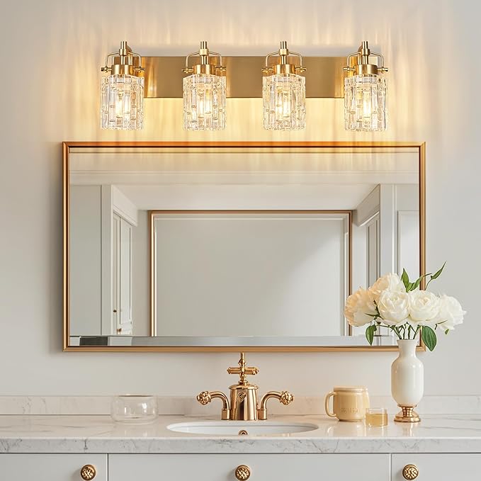 Modern 4-Light Vanity Light with Crystal Glass Shade - Gold Bathroom Light Fixture