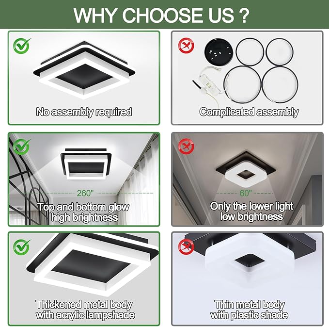 CANEOE Black Led Hallway Light Fixtures 6000K Cold White LED Modern Ceiling Light Fixtures Acrylic Square Flush Mount Ceiling Lamp for Bedroom Kitchen Bathroom Hallway Ceilings Lighting