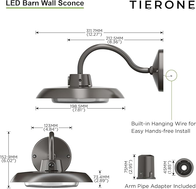 35W LED Gooseneck Barn Light 8 Inch Outdoor Farmhouse Wall Light with Dusk to Dawn Photocell Pole/Wall Mounted Area Light for Barn Garage Yard Warehouse 120VAC 4000K 3100LM UL Listed Dark Bronze 2PK