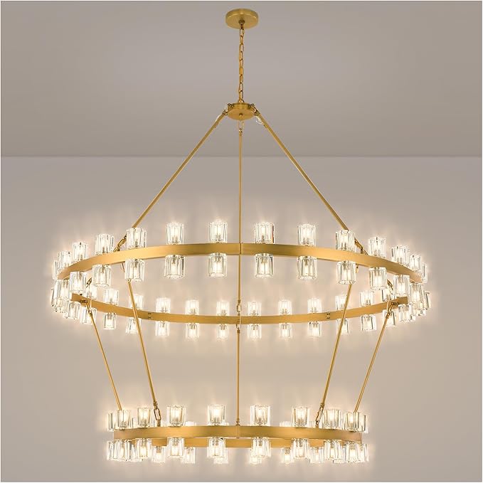 60 Inch Gold Wagon Wheel Chandelier with Crystal Shade, 2 Tier 100 Lights, Modern Farmhouse Style, Ideal for Dining Room, Kitchen, Entryways