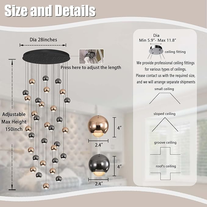 Farmhouse Crystal Chandelier, Luxury Hanging Lights High Ceiling Pendant Lighting for Foyer Staircase 32 Lights Black and Gold Dimmable 2700k-6000k