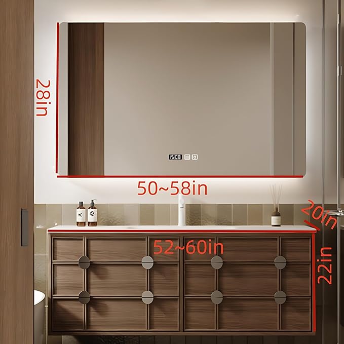 Bathroom Vanity - Wall Mounted Cabinet with 4 Drawers & Integral Ceramic Wash Basin | Smart Mirror Including LED Light Defogging (Style B, 58in)