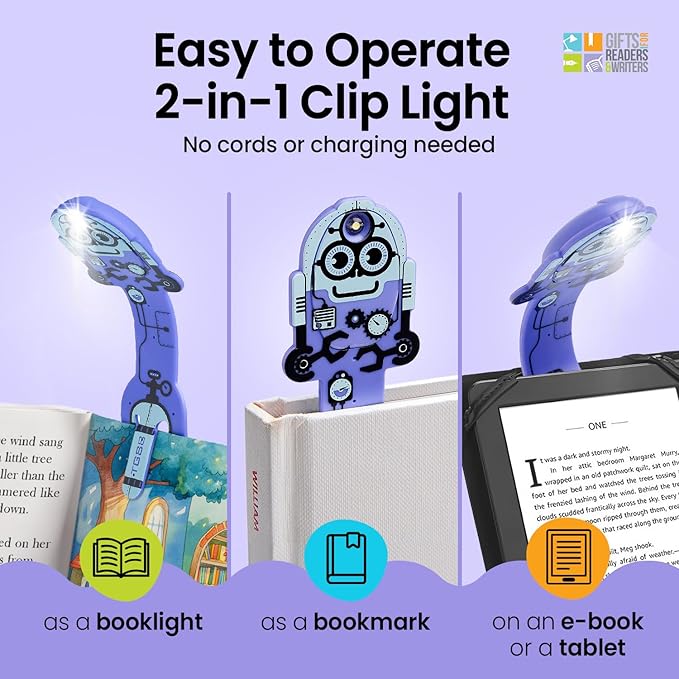 Gifts for Readers & Writers Bookmark Reading Light Robot Purple - 2in1 Clip On Bookmark Kids Book Light for Reading Night in Bed, Travel Cute Book Lights, Flexible 8 Lumen LED Lights for Books