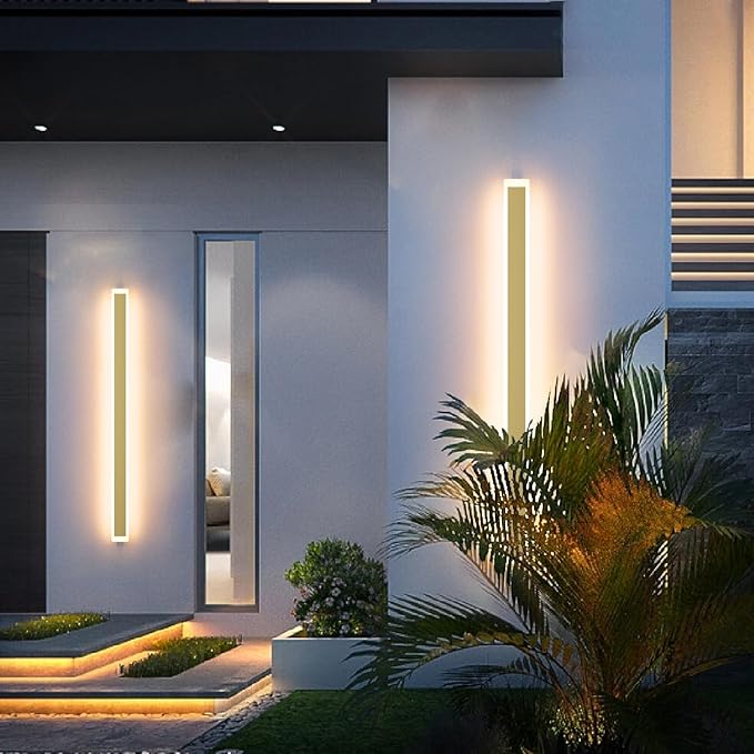 Outdoor Lights 2 Pack,Modern Outdoor Wall Light Fixture Long Strip LED Wall Sconce IP65 Anti Rust Warm Light 3000K Gold Exterior Wall Mount Lights for Entrance, Hallway, Garage, Porch